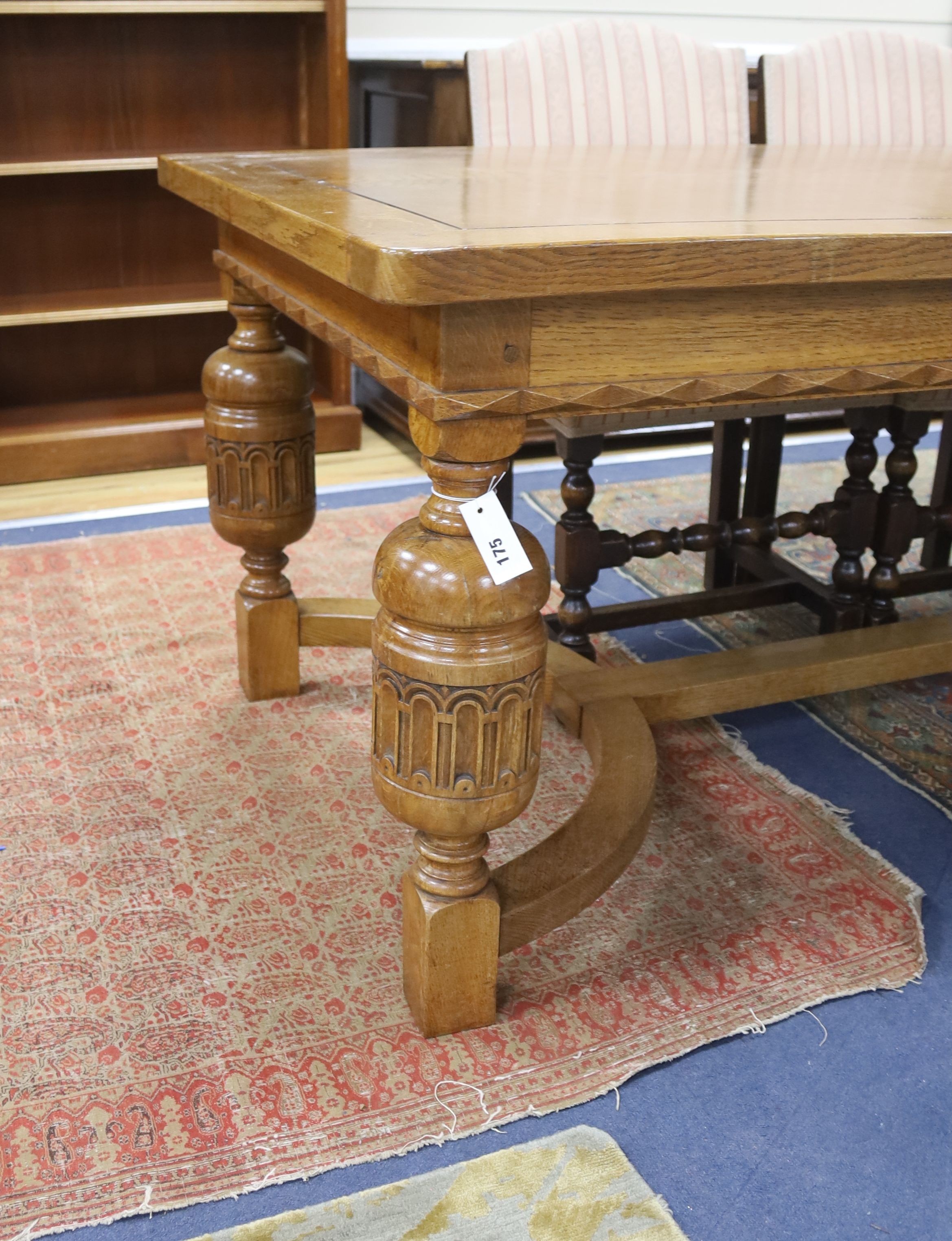 An 18th century style rectangular oak refectory dining table, length 182cm, depth 90cm, height 74cm